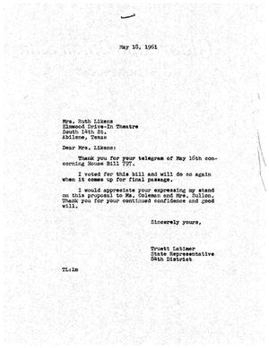 [Letter from Truett Latimer to Mrs. Ruth Likens, May 18, 1961]