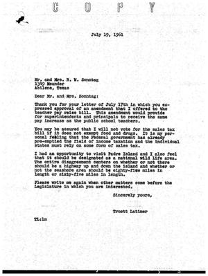 [Letter from Truett Latimer to Mr. and Mrs. R. W. Sonntag, July 19, 1961]