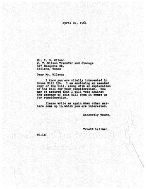 [Letter from Truett Latimer to R. S. Wilson, April 10, 1961]