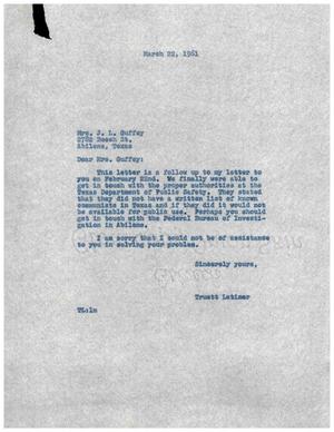 [Letter from Truett Latimer to Mrs. J. L. Guffey, March 22, 1961]