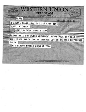 Primary view of object titled '[Telegram from Max Fergus Motors, July 26, 1961]'.
