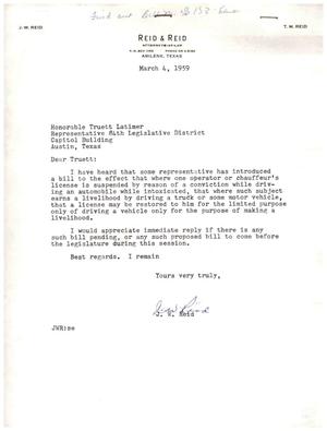 [Letter from J. W. Reid to Truett Latimer, March 4, 1959]