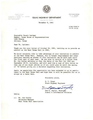 [Letter from D. C. Greer to Truett Latimer, November 9, 1961]
