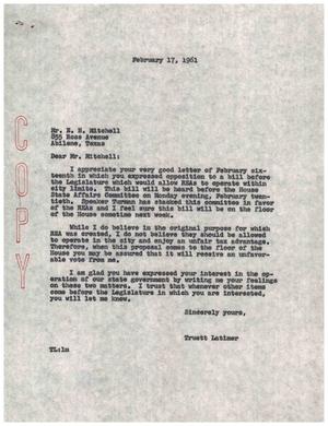 [Letter from Truett Latimer to E. N. Mitchell, February 17, 1961]