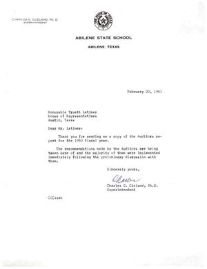 [Letter from Charles C. Cleland to Truett Latimer, February 20, 1961]