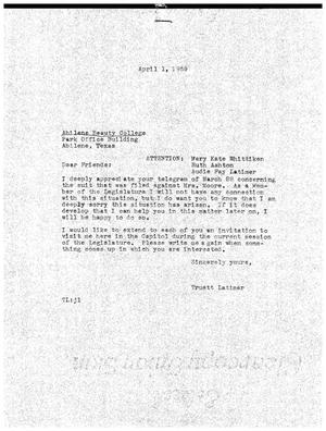 [Letter from Truett Latimer to members of the Abilene Beauty College, April 1, 1959]