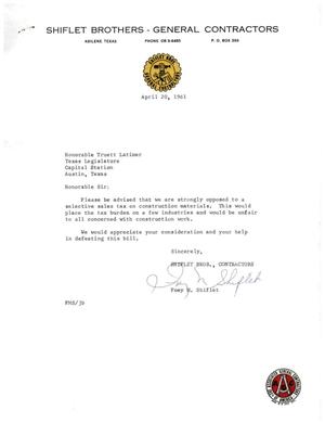 [Letter from Foey M. Shiflet to Truett Latimer, April 20, 1961]