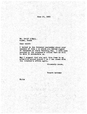 Primary view of object titled '[Letter from Truett Latimer to Griff O'Neil, June 10, 1959]'.
