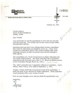 [Letter from Glenn Biggs to Truett Latimer, January 31, 1961]