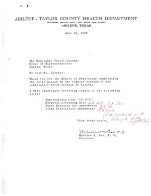[Letter from Maurice A. Roe to Truett Latimer, June 15, 1959]