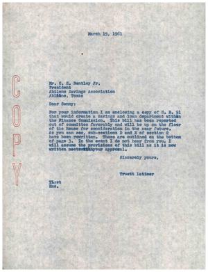 [Letter from Truett Latimer to C. E. Bentley, Jr., March 15, 1961]