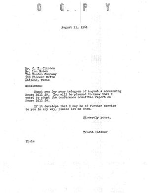 [Letter from Truett Latimer to C. T. Clanton, August 11, 1961]
