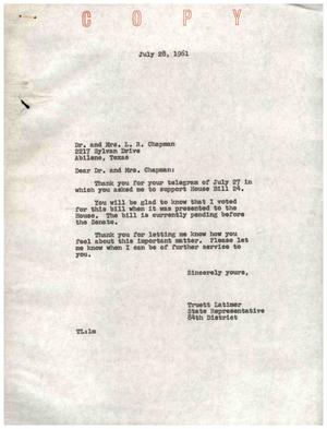 [Letter from Truett Latimer to L. R. Chapman, July 28, 1961]