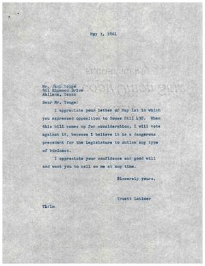 [Letter from Truett Latimer to Jack Yonge, May 3, 1961]