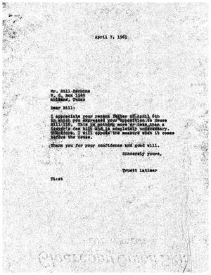 [Letter from Truett Latimer to Bill Perkins, April 7, 1961]