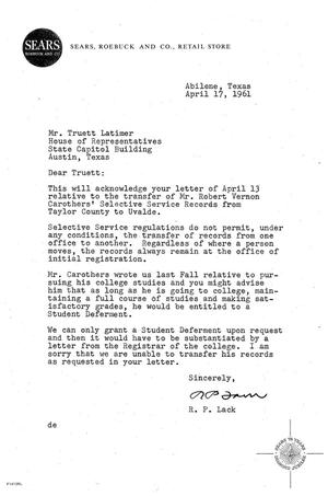 [Letter from R. P. Lack to Truett Latimer, April 17, 1961]