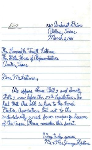 [Letter from Mr. and Mrs. Jimmy Hopkins to Truett Latimer, March 2, 1961]