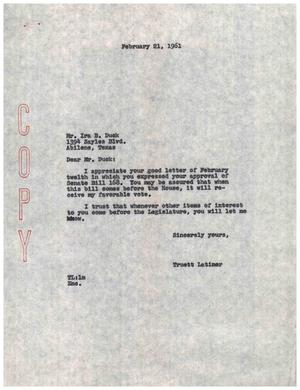 Primary view of object titled '[Letter from Truett Latimer to Ira B. Duck, February 21, 1961]'.