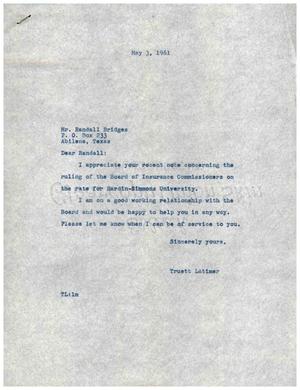 [Letter from Truett Latimer to Randall Bridges, May 3, 1961]