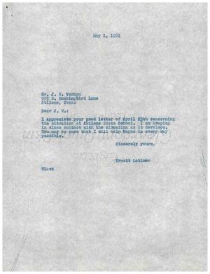 [Letter from Truett Latimer to J. W. Vernon, May 1, 1951]