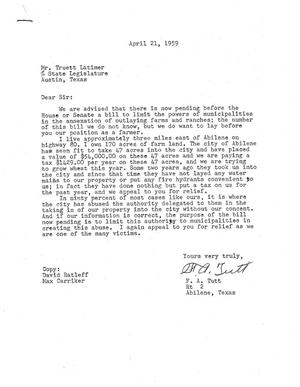 [Letter from F. A. Tutt to Truett Latimer, April 21, 1959]