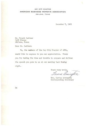 [Letter from Mrs. Larose Arrington to Truett Latimer, December 7, 1961]