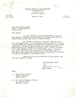 [Letter from Tom K. Eplen to Truett Latimer, March 12, 1959]