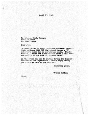 [Letter from Truett Latimer to Joe A. Reed, April 13, 1961]