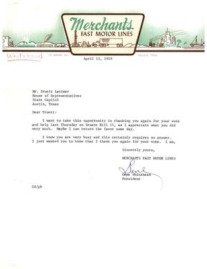 [Letter from Gene Whitehead to Truett Latimer, April 13, 1959]