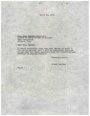 [Letter from Truett Latimer to Mrs. Jack Sparks, April 10, 1959]