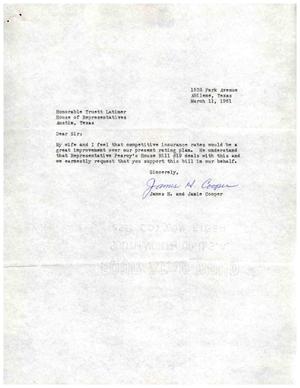 [Letter from James H. and Janie Cooper to Truett Latimer, March 11, 1961]