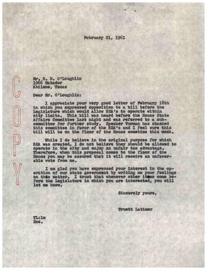 [Letter from Truett Latimer to R. D. O'Loughlin, February 21, 1961]