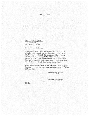 [Letter from Truett Latimer to Mrs. Leo Kilmer, May 2, 1959]