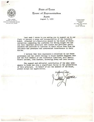 [Letter from Tom James, August 7, 1959]