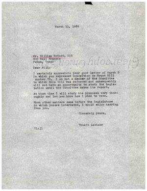 [Letter from Truett Latimer to William McCord, March 11, 1959]