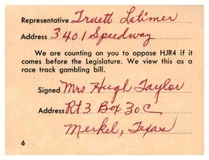 [Postcard from Hugh Taylor to Truett Latimer, Spring 1961]