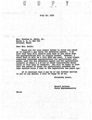 [Letter from Truett Latimer to Mrs. Charles G. Smith, Jr., July 12, 1961]