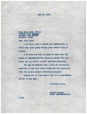 [Letter from Truett Latimer to Edna Byrd, May 10, 1961]