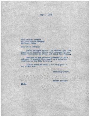 [Letter from Truett Latimer to Thelma Andrews, May 1, 1961]