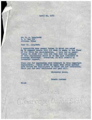 [Letter from Truett Latimer to C. A. Langfordd, April 25. 1961]