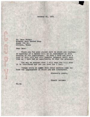 [Letter from Truett Latimer to Dave Farmer, January 25, 1961]