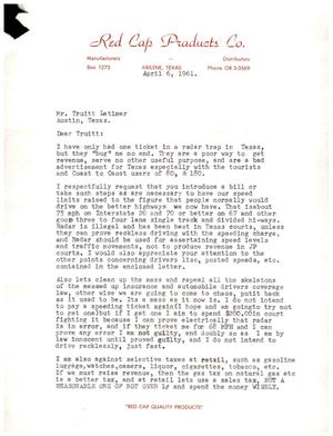 [Letter from W. A. Dickenson to Truett Latimer, April 6, 1961]
