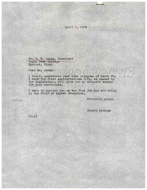 [Letter from Truett Latimer to E. N. Jones, April 1,1959]