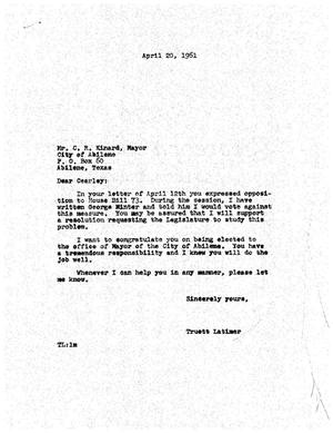 [Letter from Truett Latimer to C. R. Kinard, April 20, 1961]