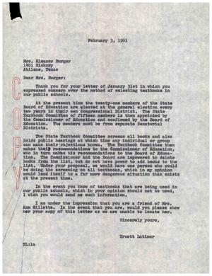 [Letter from Truett Latimer Mrs. Eleanor Burger, February 3, 1961]