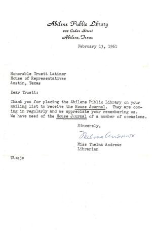 [Letter from Thelma Andrews to Truett Latimer, February 13, 1961]
