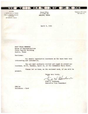[Letter from Fred H. Husbands to Truett Latimer, April 4, 1961]