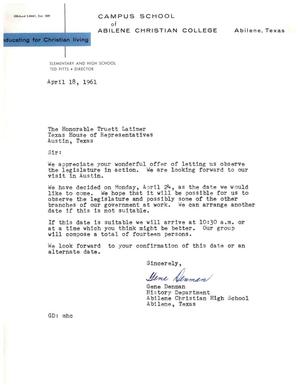 [Letter from Gene Denman to Truett Latimer, April 18, 1961]