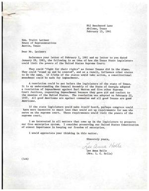 [Letter from Mrs. L. C. Holle to Truett Latimer, February 15, 1961]