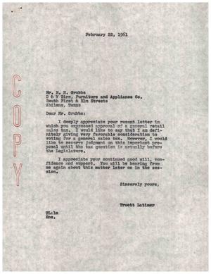 [Letter from Truett Latimer to H. H. Grubbs, February 22, 1961]